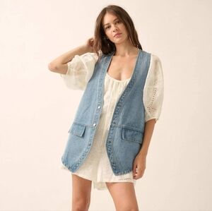 NEW Promesa Days Go By Light Blue Washed Denim Over-Sized Button Front Vest